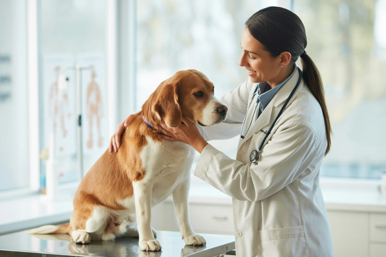 Veterinario en consulta veterinaria sobre nutrición canina examinando a un perro