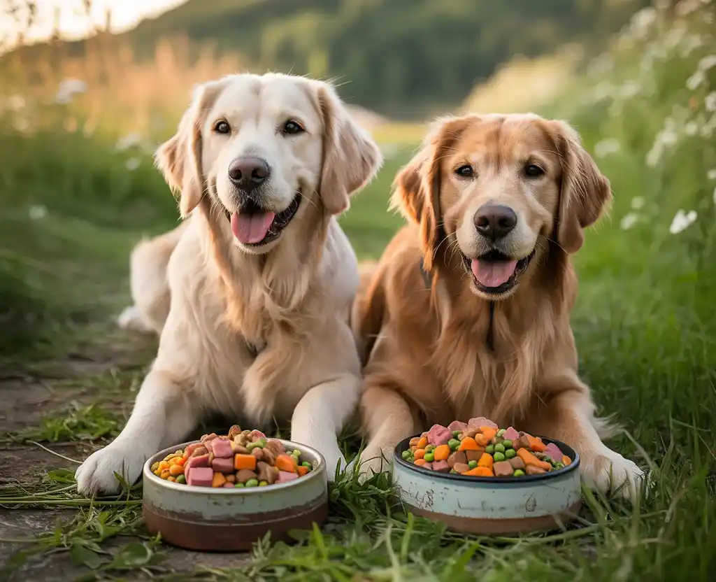 Dos perros Golden Retriever comiendo comida orgánica para perros al aire libre.