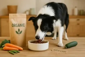 Un Border Collie comiendo pienso seco orgánico de un bol de cerámica, rodeado de verduras frescas y envases ecológicos en una cocina iluminada por luz natural.