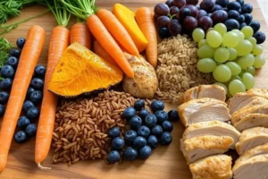 Ingredientes de comida orgánica para perros, incluyendo zanahorias, calabaza, pollo cocido, arroz integral, arándanos, uvas verdes y moradas.