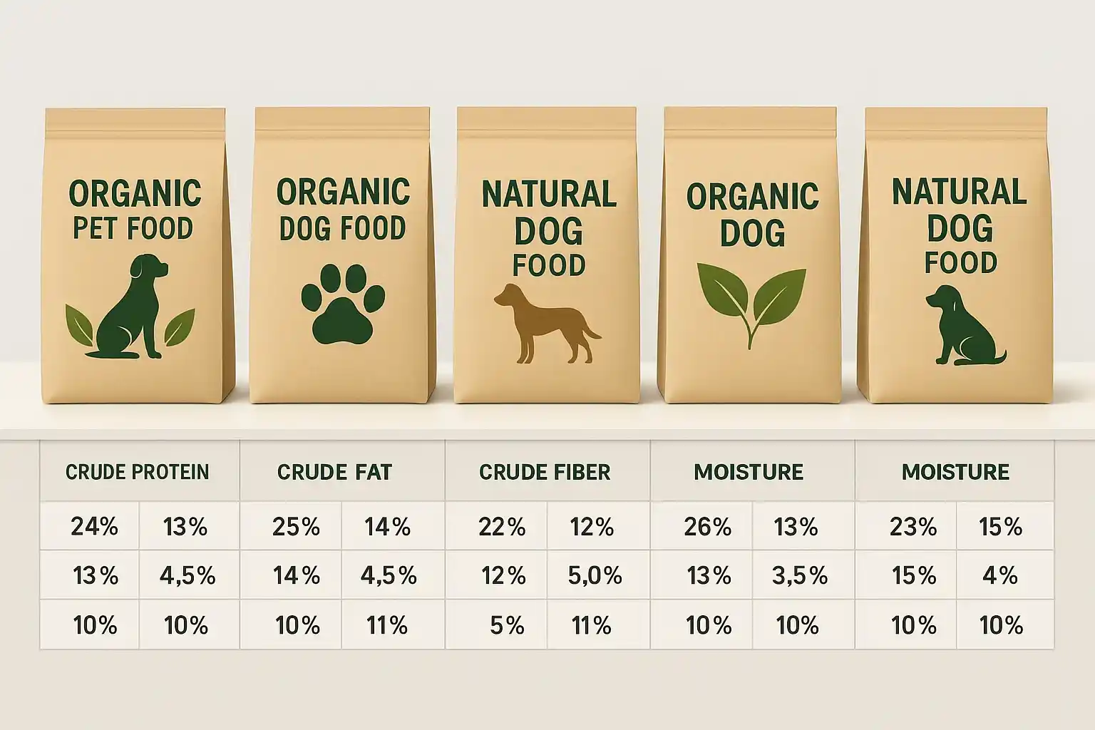 Cinco envases de comida orgánica para perros con etiquetas genéricas y valores nutricionales visibles.