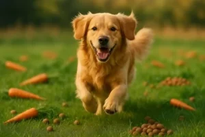 Golden retriever corriendo alegremente en un campo verde, con pelaje brillante y expresión saludable, rodeado de zanahorias y croquetas naturales desenfocadas al fondo