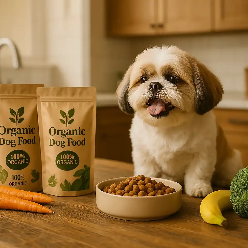 Shih Tzu sentado en cocina moderna comiendo pienso seco orgánico de un cuenco, rodeado de envases premium con etiqueta "100% organic", frutas y verduras frescas.