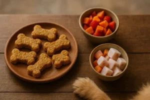 Snacks caseros para perros sobre mesa de madera rústica, con galletas de avena, bocados de frutas y cubos de yogur natural, junto a una pata de perro.