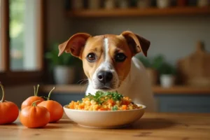 Perro observando un plato de comida casera orgánica o natural.