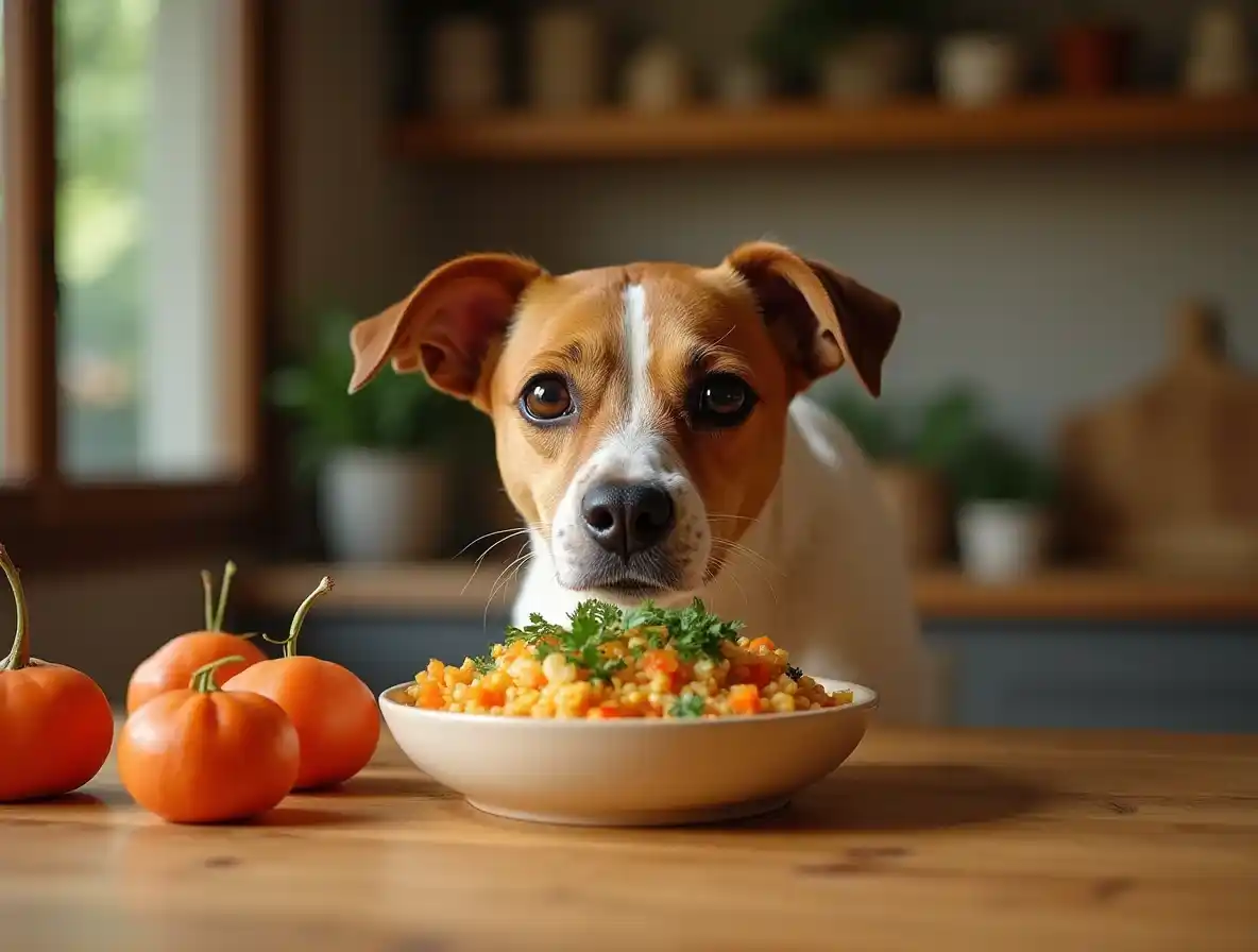 Perro observando un plato de comida casera orgánica o natural.