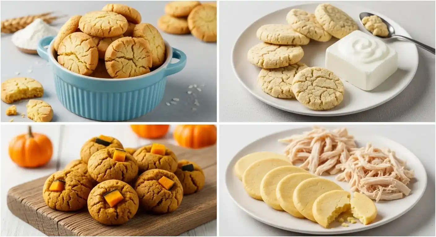 Collage de cuatro fotografías: (1) galletas redondas en un bol azul, (2) galletas junto a un bloque de yogur blanco en un plato, (3) galletas con trozos de calabaza sobre una tabla de madera y pequeñas calabacitas de adorno, (4) galletas redondas y pollo desmenuzado en un plato.