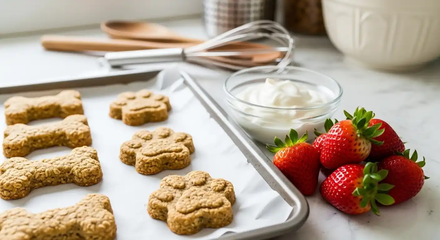 Bandeja de horno con galletas de avena en forma de hueso y huella, junto a un cuenco de yogur y varias fresas, sobre encimera de cocina.