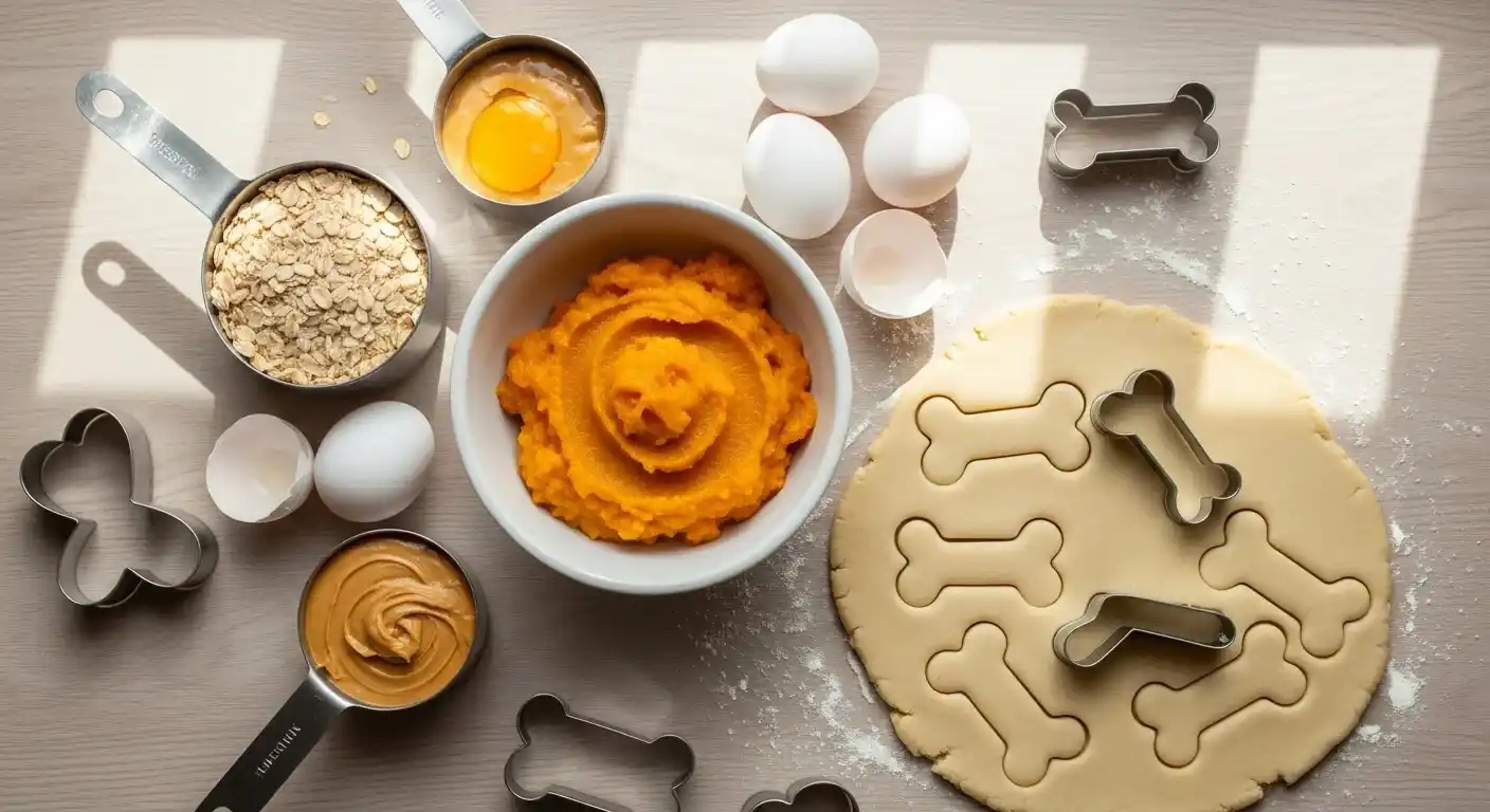 Vista cenital de una encimera con ingredientes para golosinas de perro (avena, puré de calabaza, mantequilla de maní y huevos) junto a cortadores de galletas en forma de hueso y masa con impresiones de hueso.