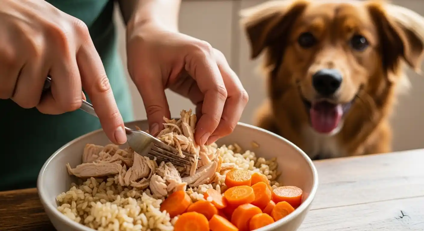 Manos desmenuzando pollo cocido con un tenedor y cuchillo sobre un bol con arroz integral y zanahorias, mientras un perro observa emocionado.