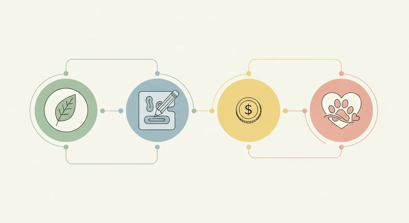 Diagrama de cuatro círculos conectados que muestran, de izquierda a derecha: una hoja (ingredientes), un lápiz sobre un formulario (diseño de receta), una moneda con símbolo de dólar (coste) y un corazón con huella de perro (felicidad canina).