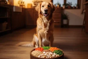 Golden retriever frente a un cuenco de madera con ingredientes frescos — zanahorias, guisantes, judías verdes, pollo troceado y cereales integrales — en una cocina moderna.