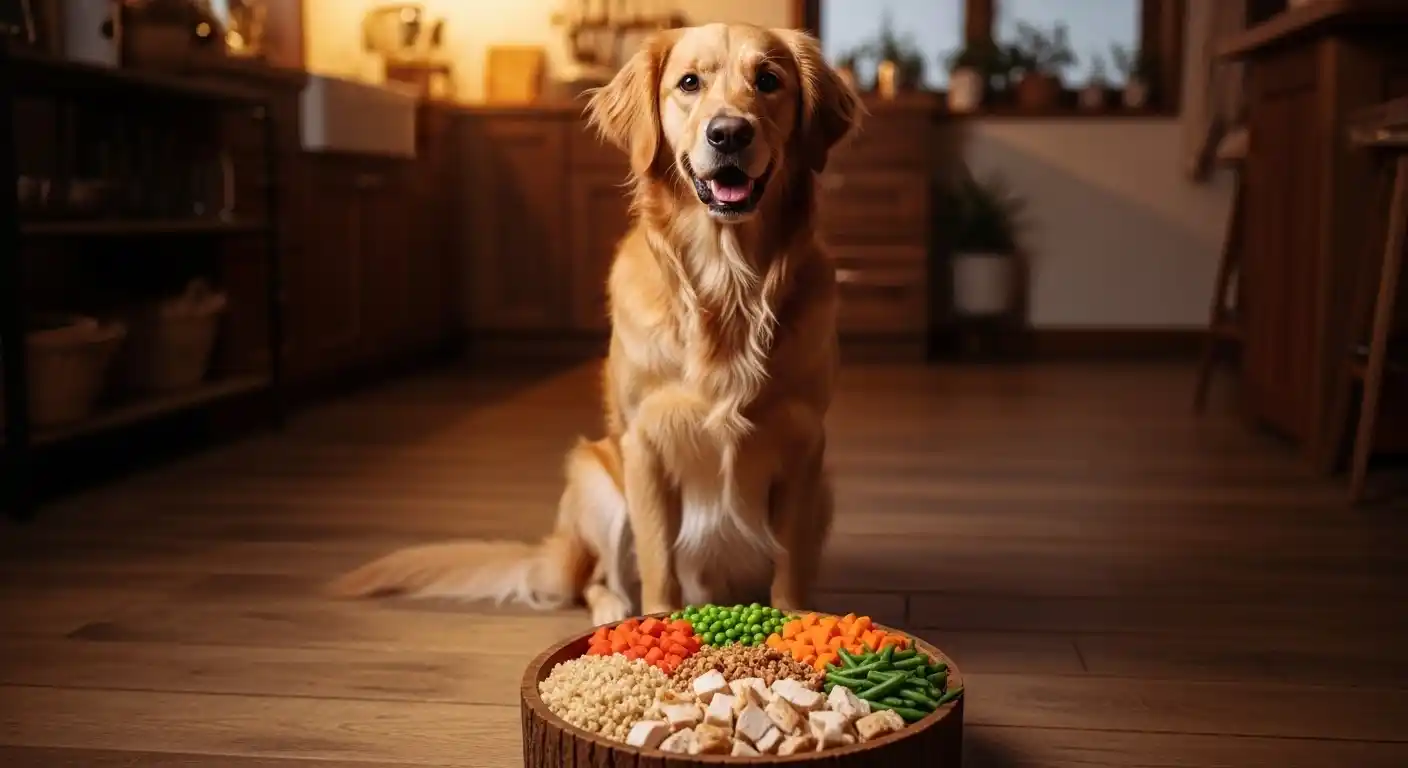 Golden retriever frente a un cuenco de madera con ingredientes frescos — zanahorias, guisantes, judías verdes, pollo troceado y cereales integrales — en una cocina moderna.