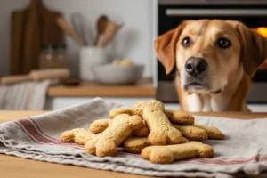 Perro de pelaje dorado observa con expectación un montón de galletas caseras en forma de hueso recién horneadas, colocadas sobre un paño en una encimera de cocina.