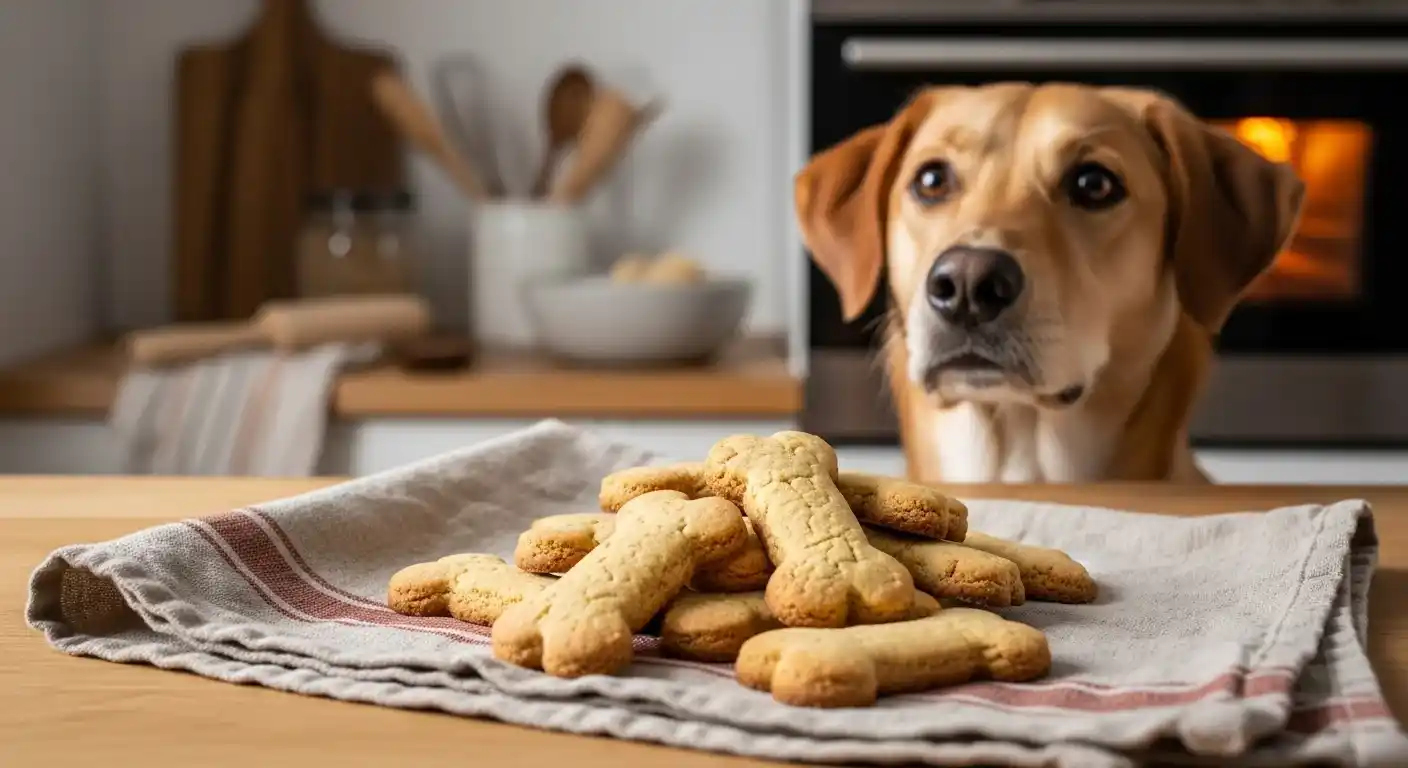 Perro de pelaje dorado observa con expectación un montón de galletas caseras en forma de hueso recién horneadas, colocadas sobre un paño en una encimera de cocina.