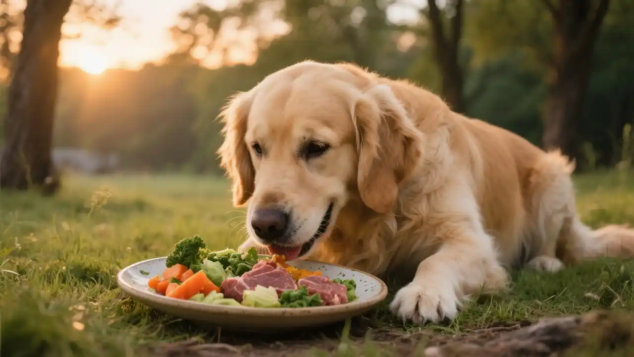 Perro comiendo comida orgánica con vegetales y carne en un entorno natural al atardecer.