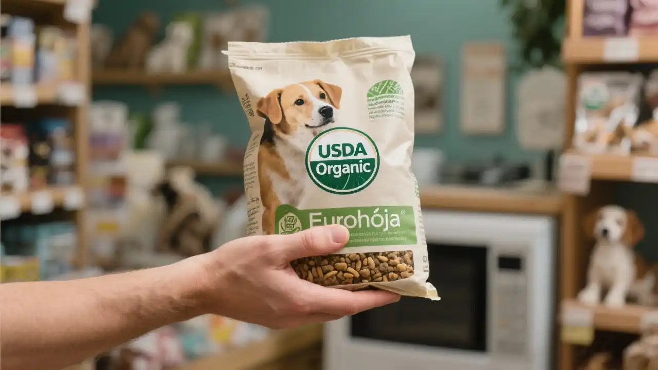 Mano sosteniendo bolsa de croquetas orgánicas para perro con certificaciones USDA Organic y Eurohoja.